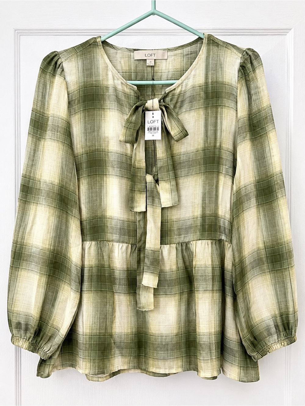 NEW! LOFT Olive & Cream Plaid Tie-Neck Peasant Top